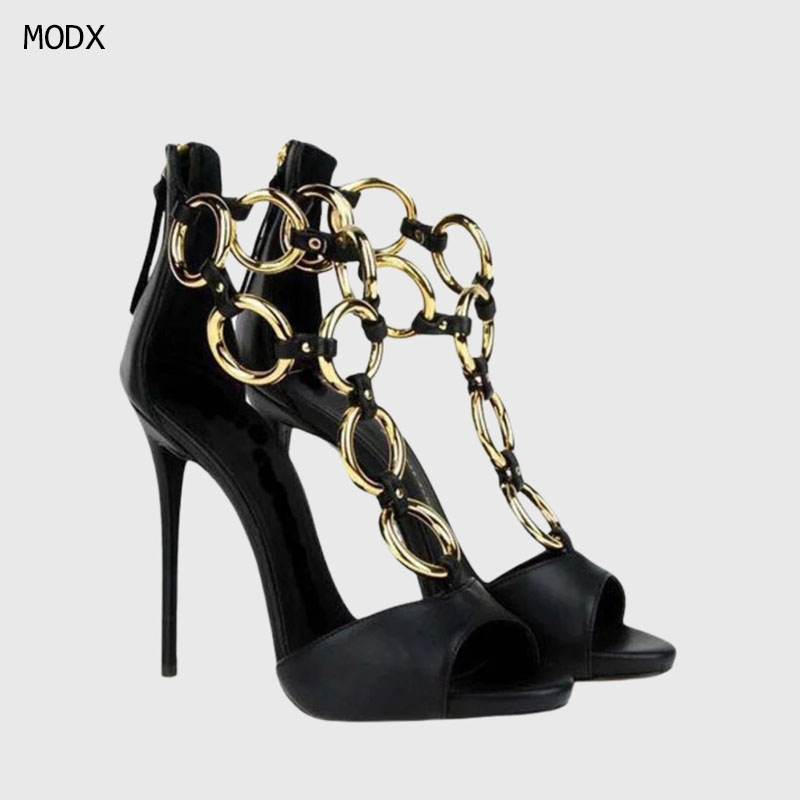 Gold Chain Sandal - Damskie czarne skórzane sandały na szpilce