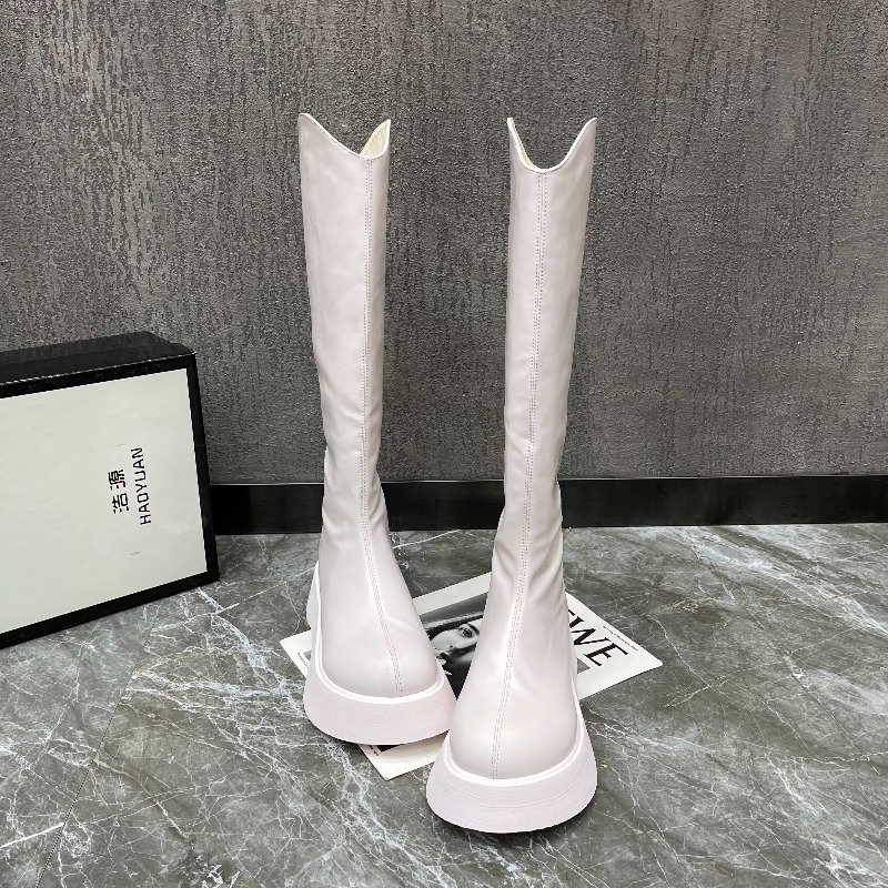 High Knee Heel Boots - Damskie Nowe Proste Botki na Platformie