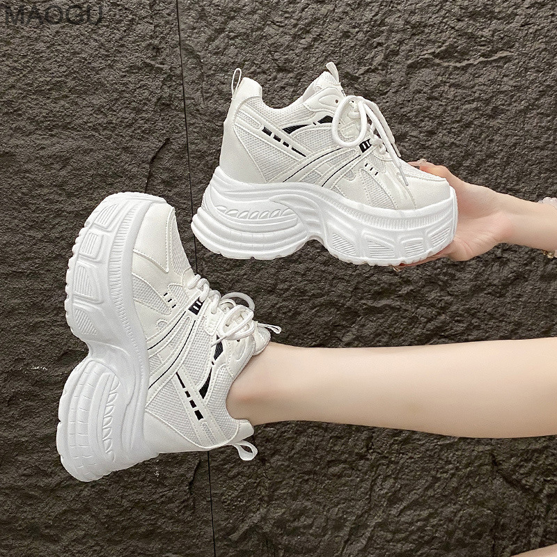 Women Shoes Store - Damskie sneakersy na platformie, sznurowane, podwyższające