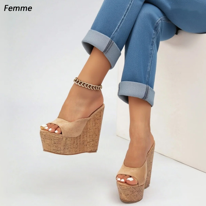 Cork Wedge Sandal - Ręcznie Robione Damskie Beżowe Zamszowe Klapki