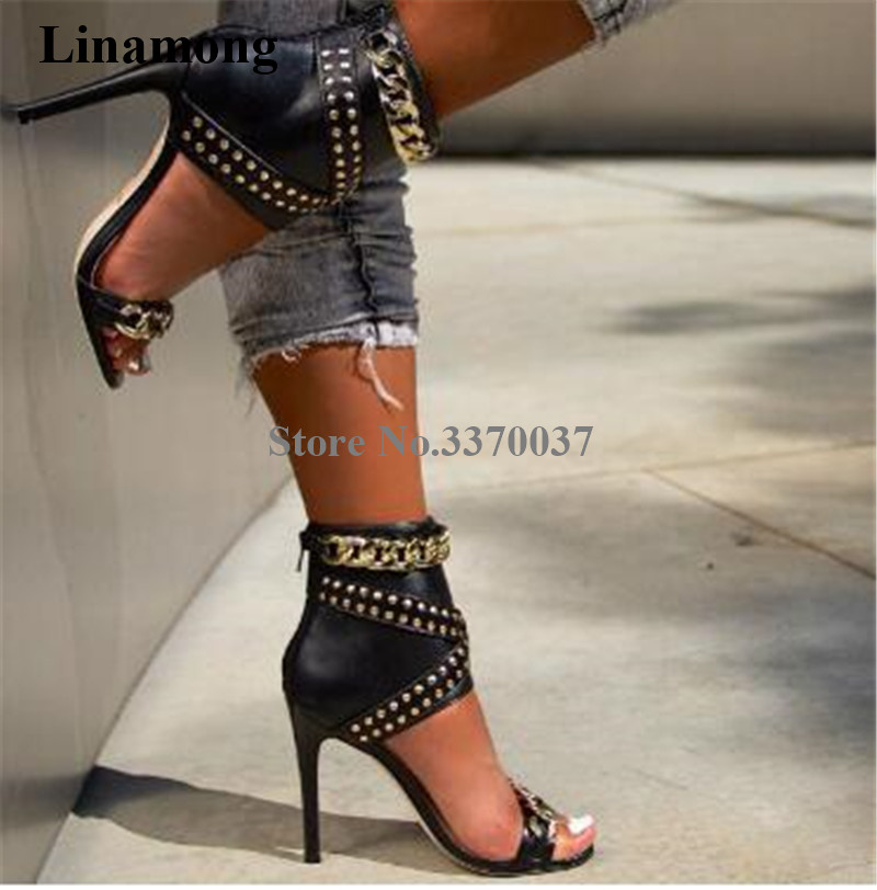 Gold Chain Sandal - Damskie sandały gladiatorki na szpilce z