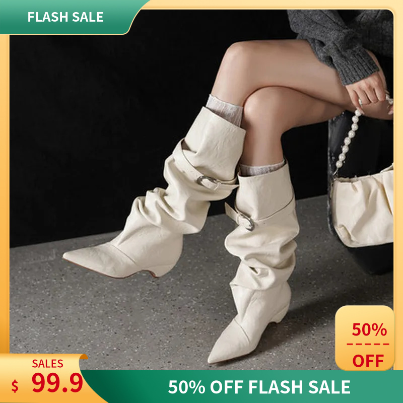 High Knee Heel Boots - Damskie botki ze skóry owczej, o