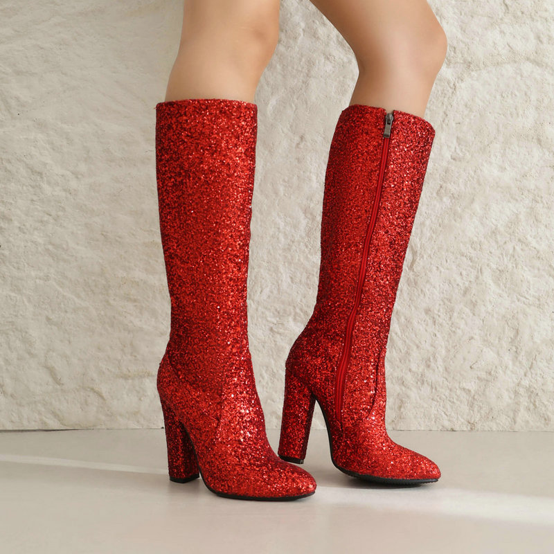 Błyszczące, brokatowe kozaki z – High Knee Heel Boots recenzja i cena