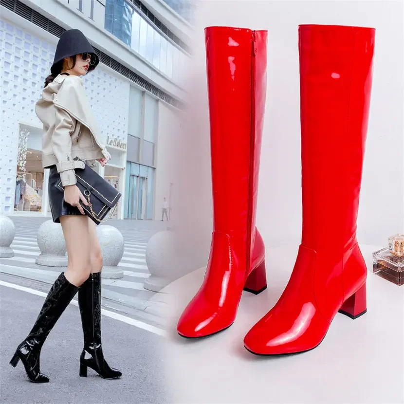 Red White Patent Leather Women – High Knee Heel Boots recenzja i cena